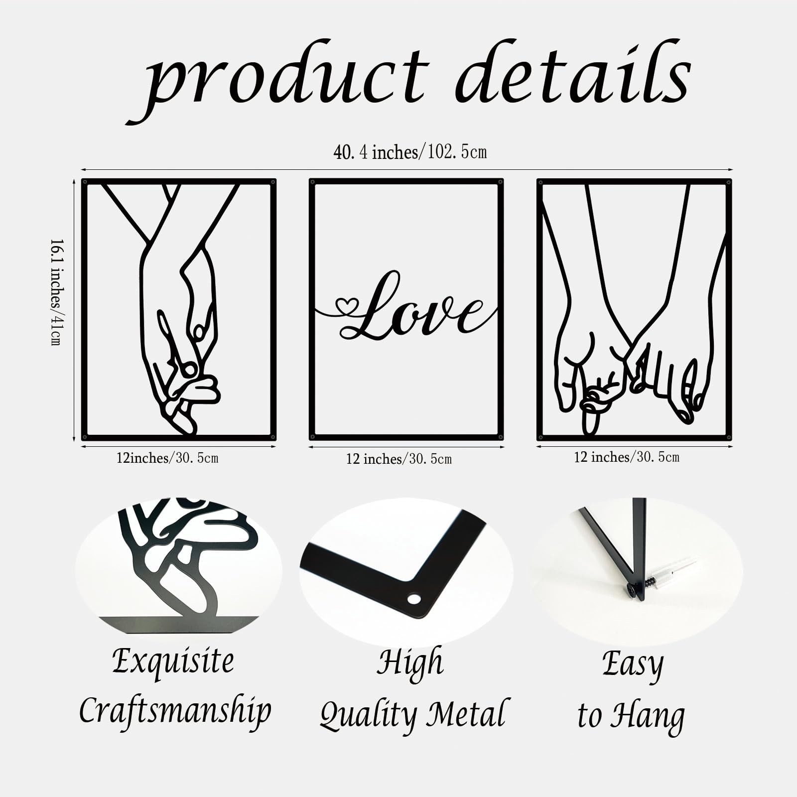 3 PCS Love Hands Minimalist Black Metal Wall Art Abstract Heart Couple Decor