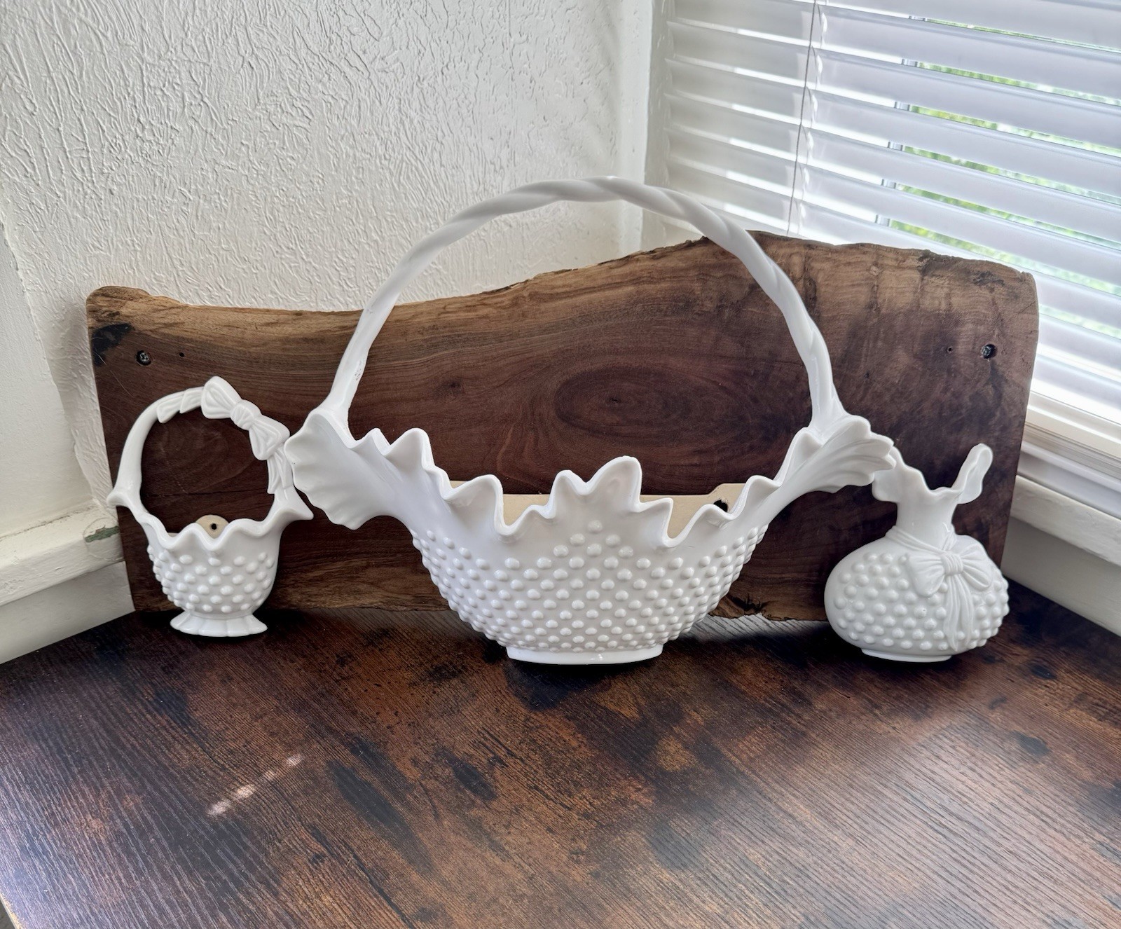Vintage Burwood Hobnail Wall Decor Set White Basket Vase Plaque Cottagecore MCM