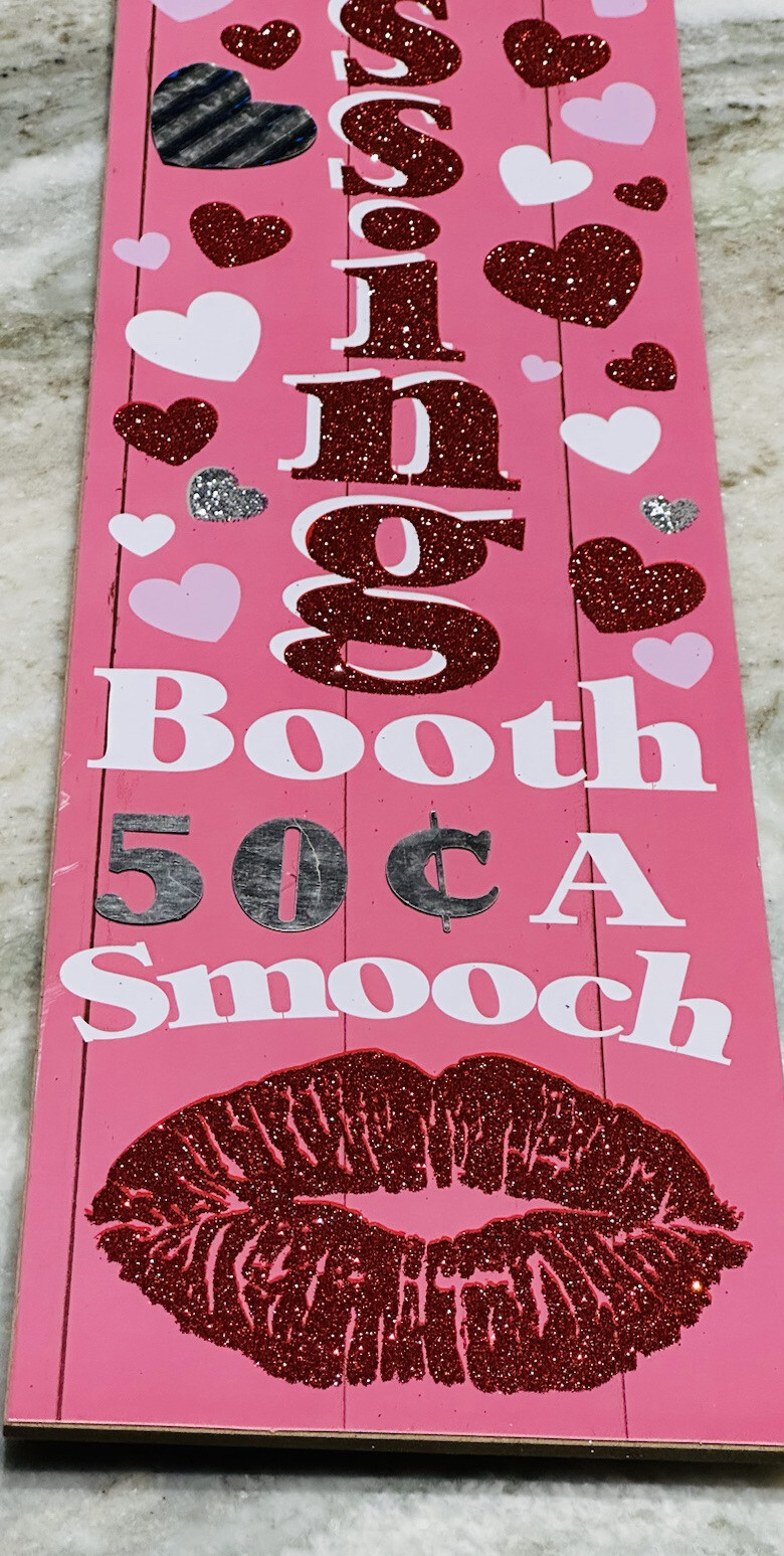 Greenbrier Valentines Wood Kissing Booth Hanging Sign 50 Cents A Smooch 24x6Inch