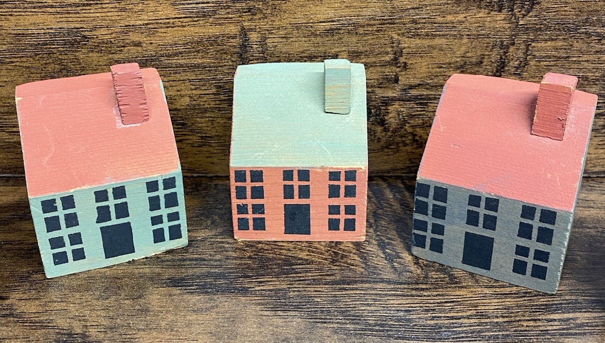 Primitive Wooden WELCOME Block Set House Village Shelf Sitter Folk Art Decor