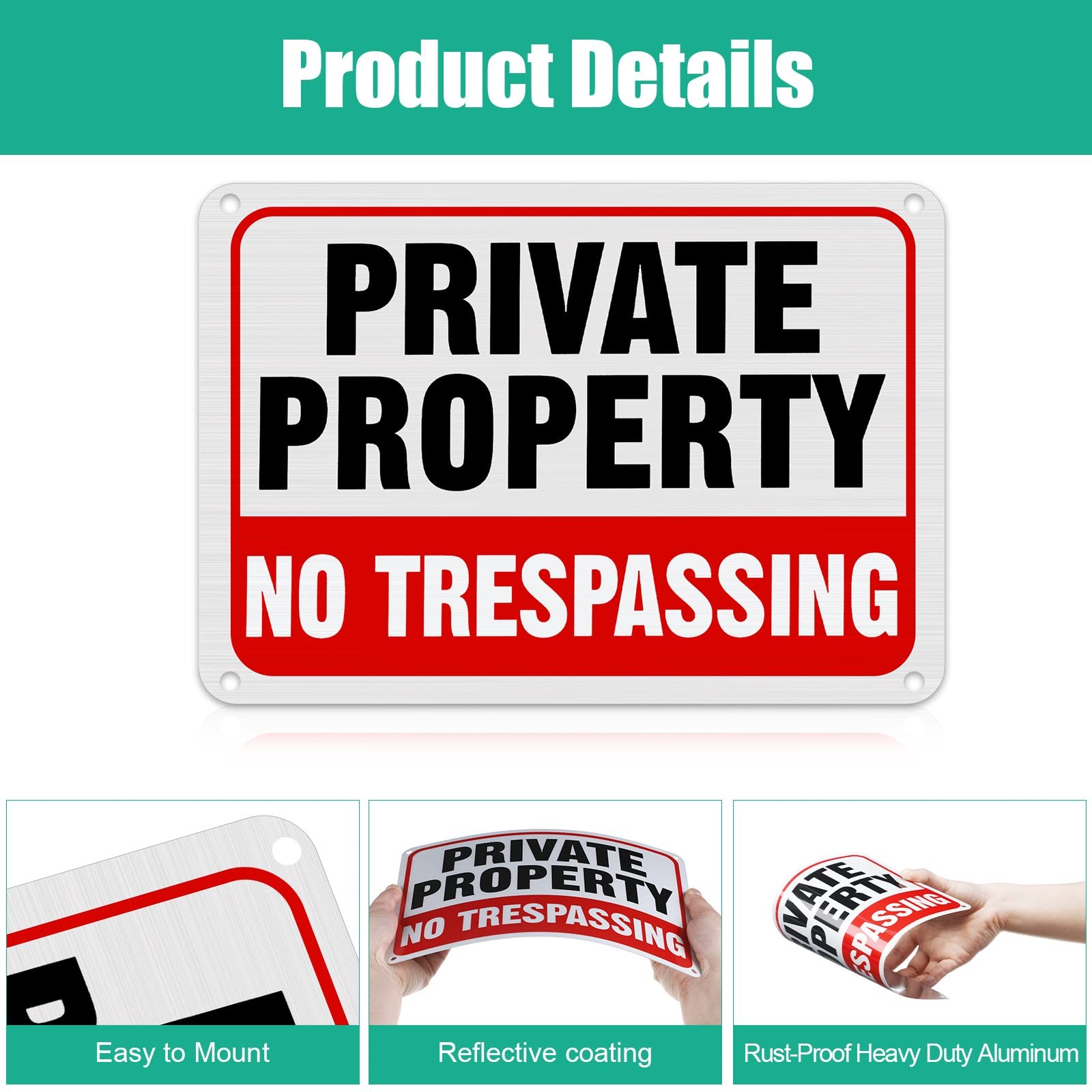 4 Pcs No Trespassing Signs Private Property Metal Reflective Aluminum No Tres…
