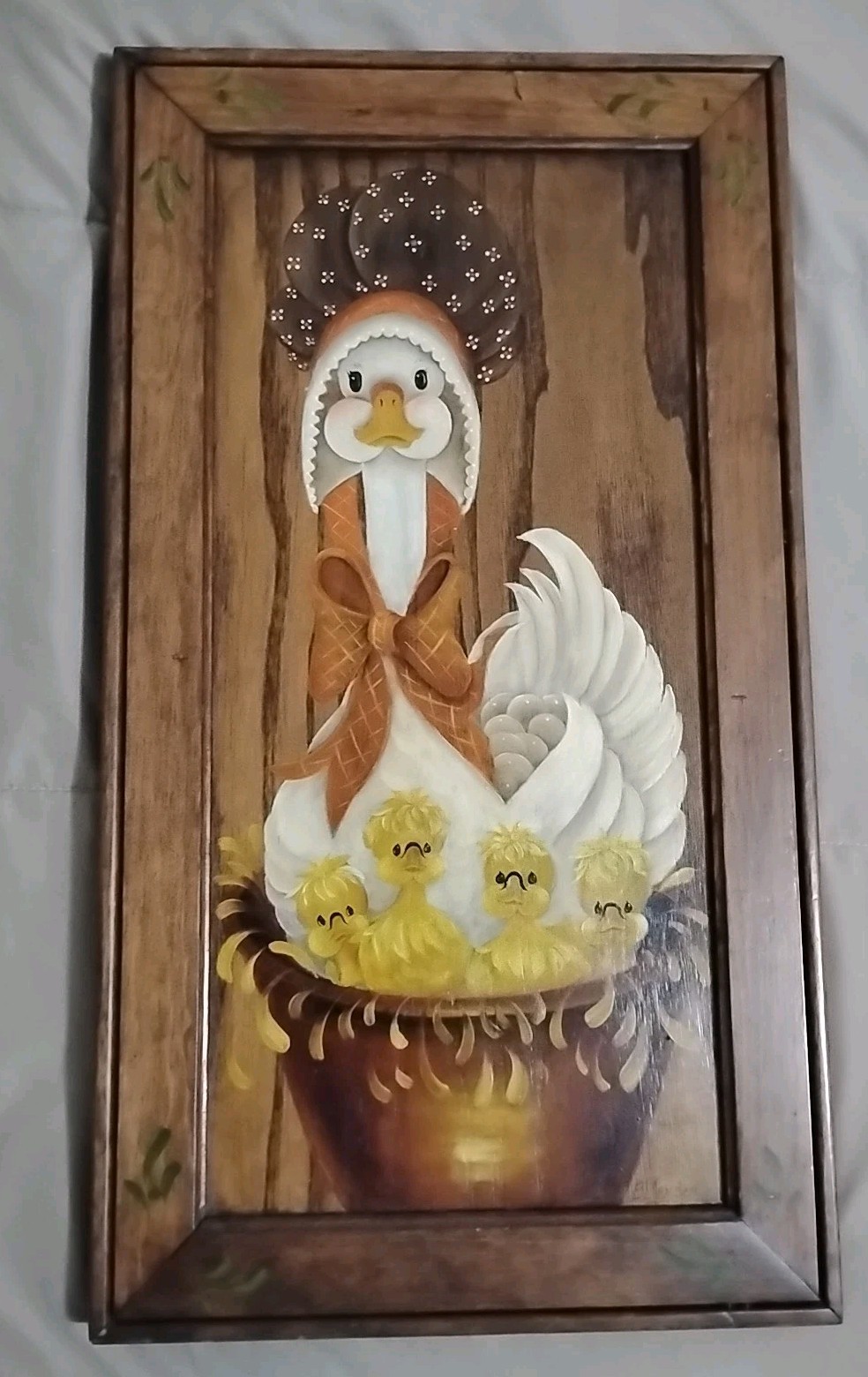 Momma Duck & Babies Wooden Art Wall Painting 21”x11.5” Hand painted Granny core