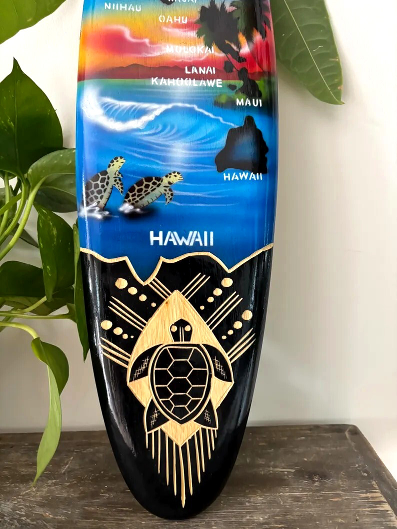Hawaii Hand Made 20″ Carved Wood Surfboard Home Decor Engraved Turtle Honu