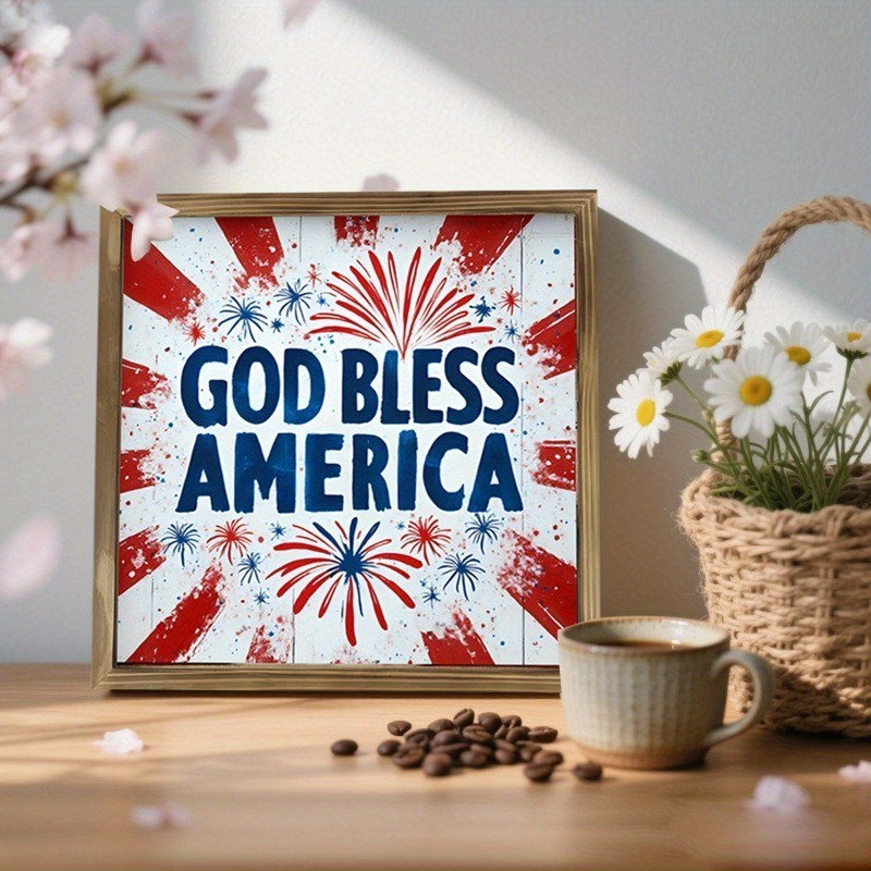 God Bless America Fireworks Wooden Plaque 4th of July Patriotic Farmhouse Decor