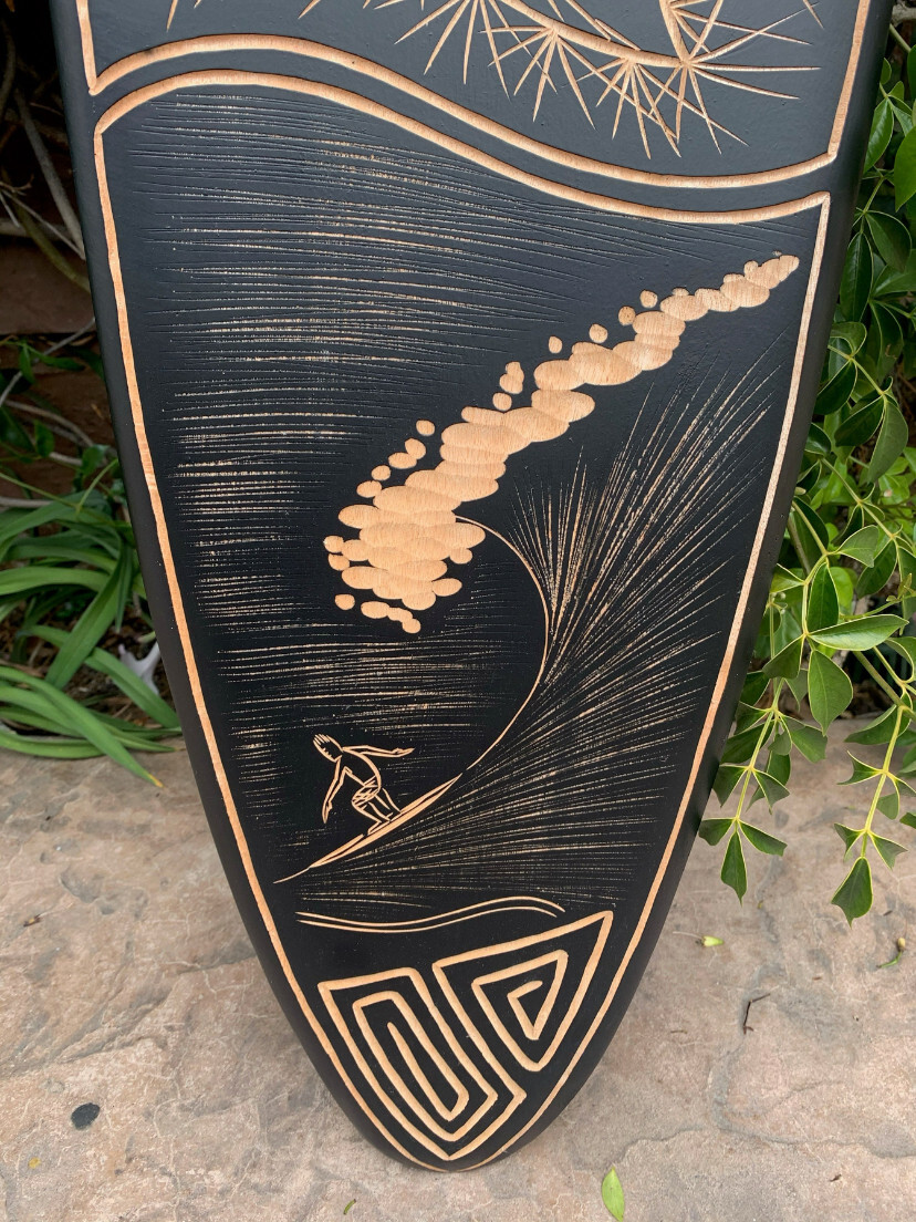 Sea Turtle, Surfer, Tropical Island Surfboard Wood Carving Wall Plaque 39″x 10″