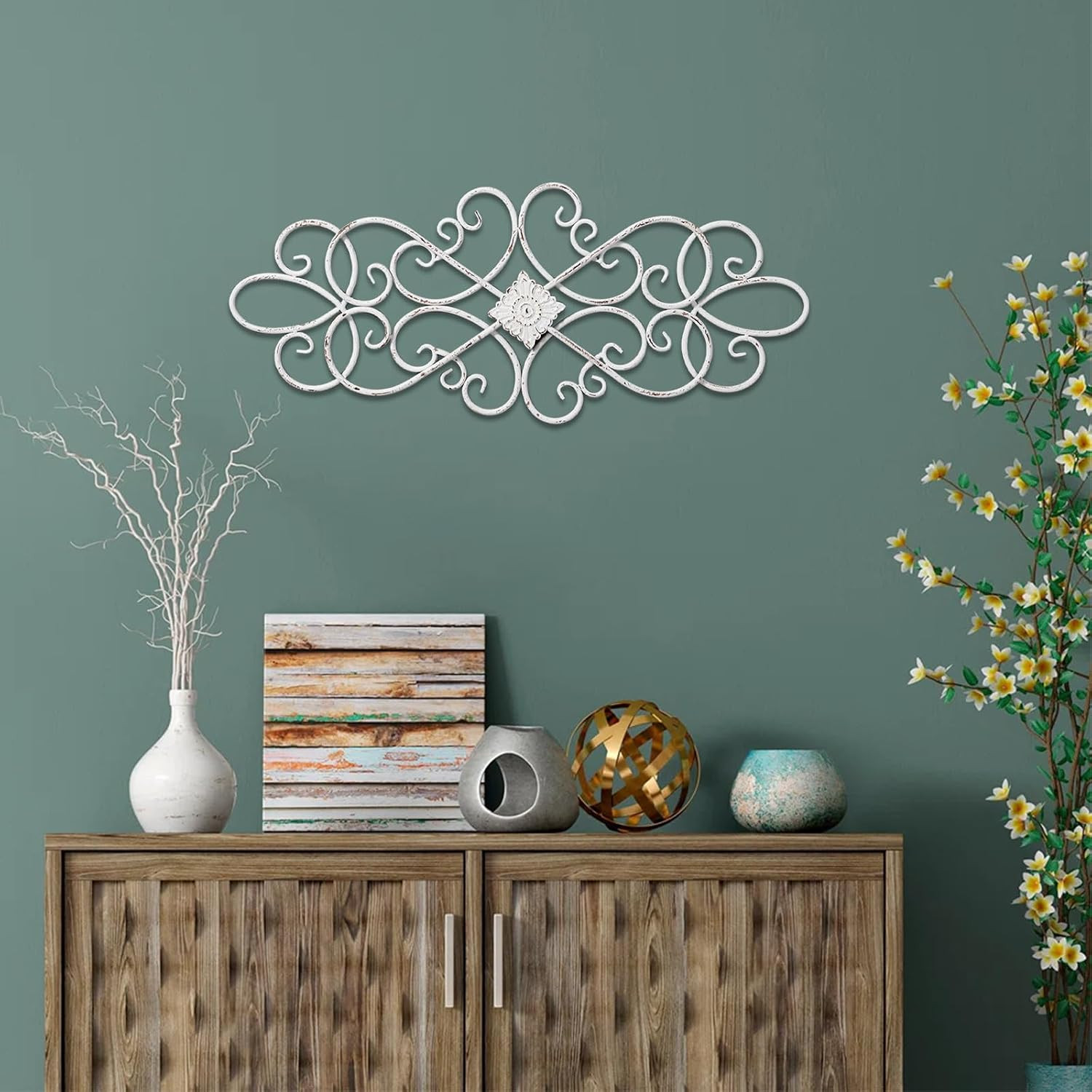 White Flower Scroll Metal Wall Art Decor 32″ x 13″ | Hanging Vintage Large Flora