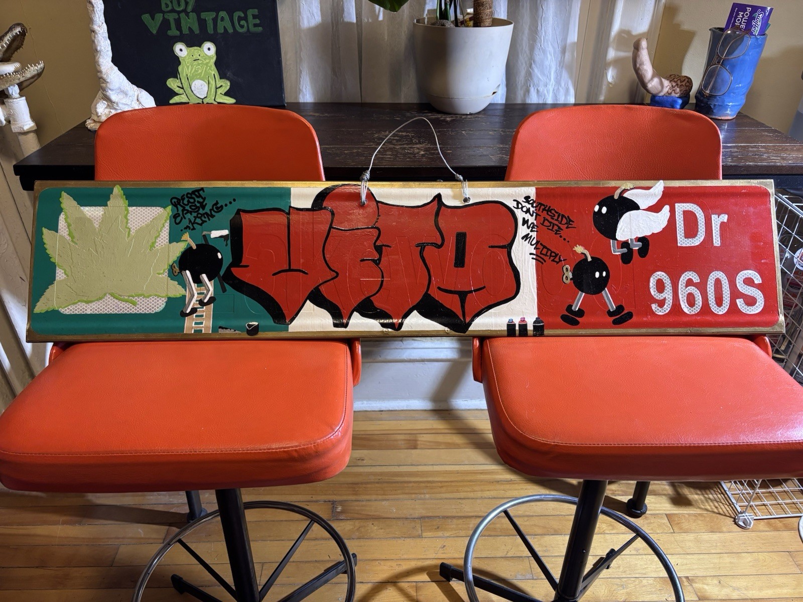 Original Urban Street Art on Metal Street Sign – Upcycled Wall Art Double Sided