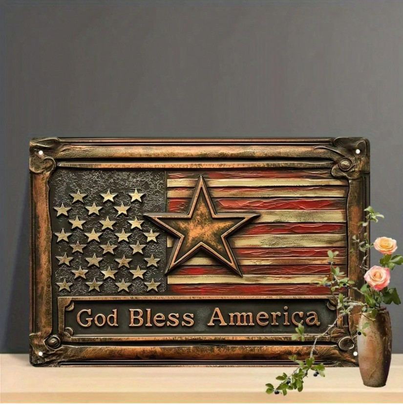 God Bless America Metal Sign American Flag Patriotic Wall Decor 8×12 Plaque