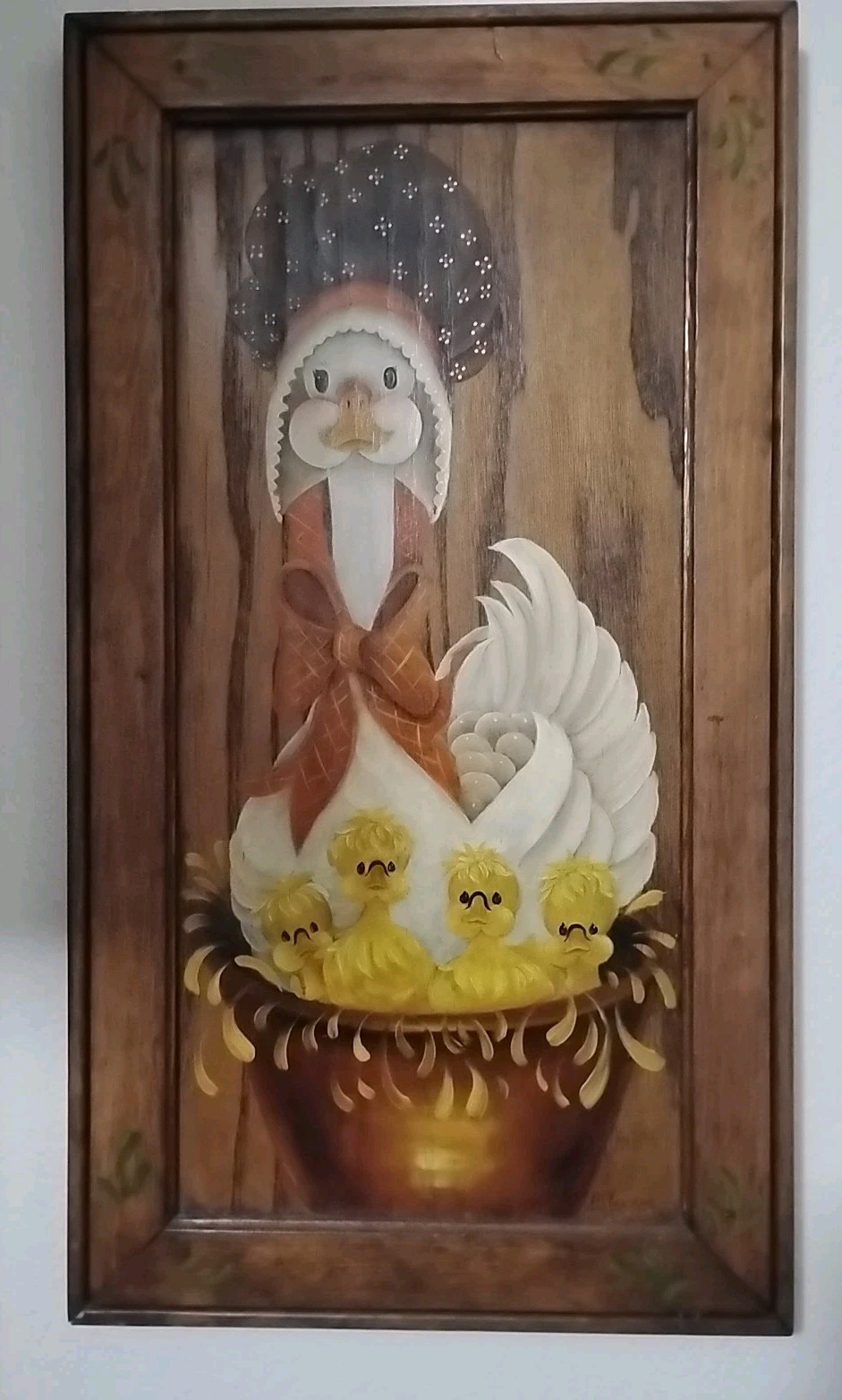 Momma Duck & Babies Wooden Art Wall Painting 21”x11.5” Hand painted Granny core