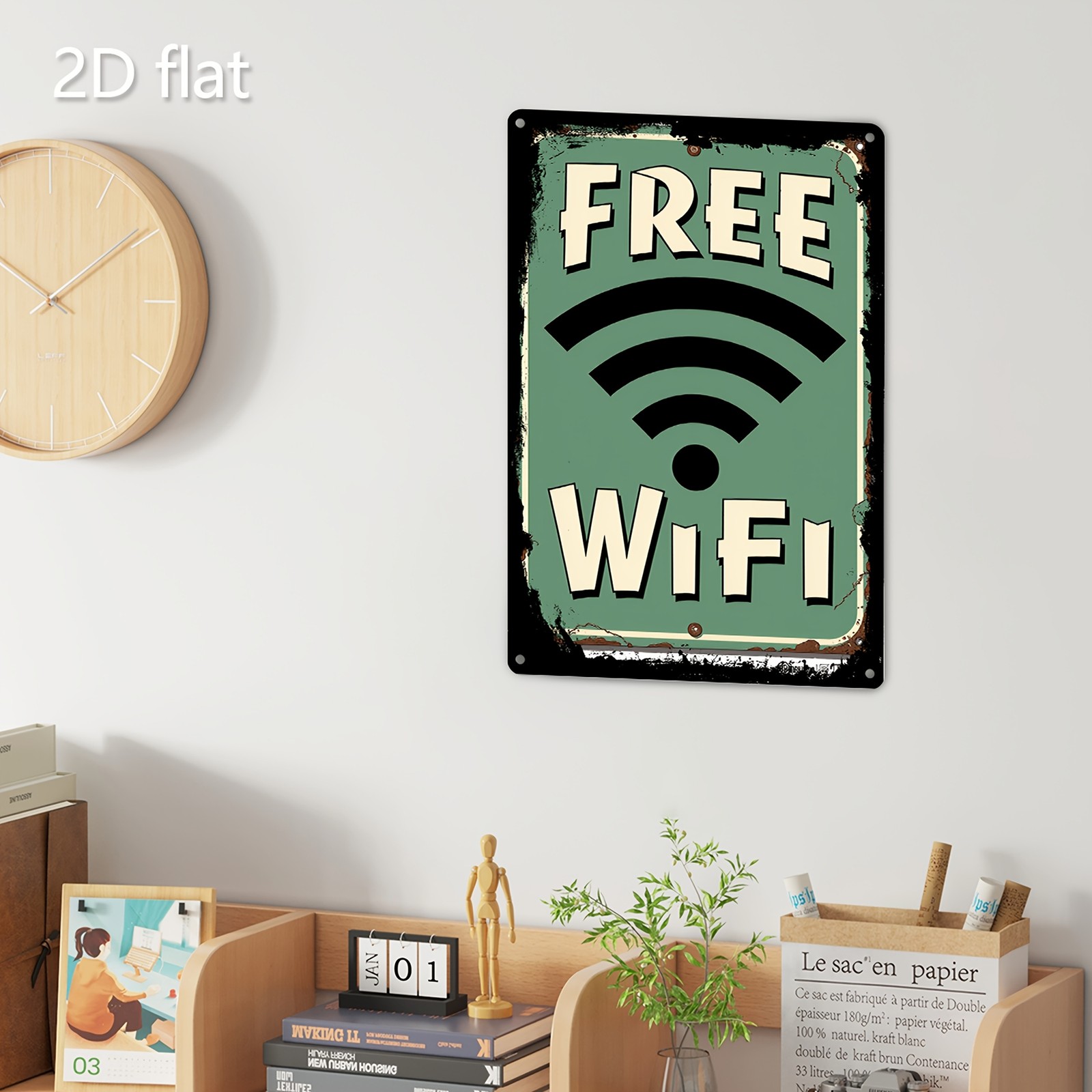 Vintage “Free WiFi” Metal Sign Rustic Green & Yellow 19.99×29.97cm