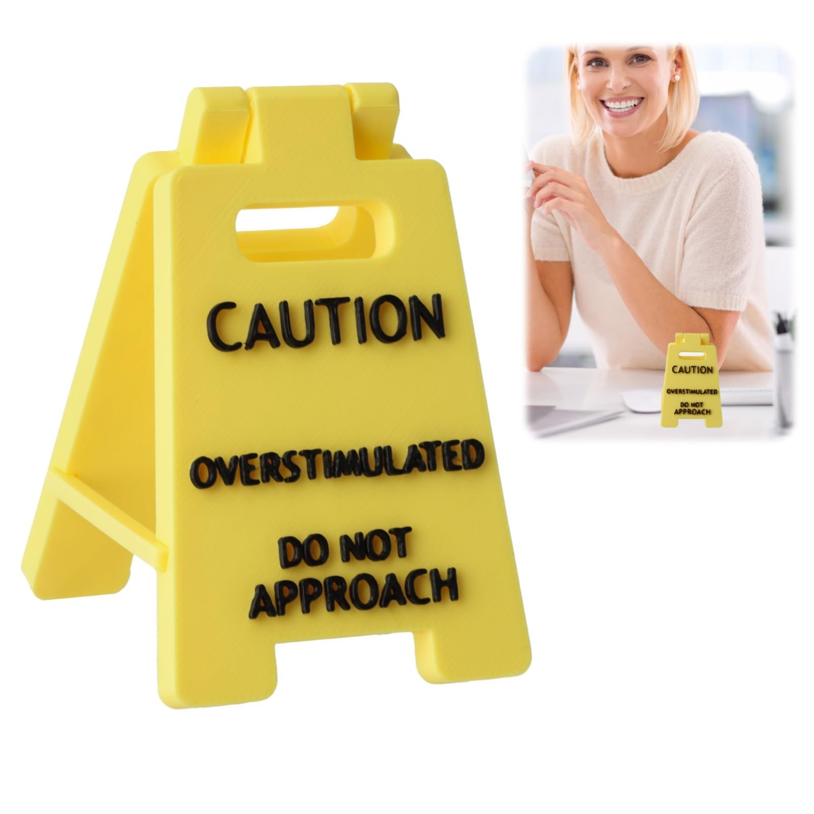 Overstimulated Alert Desk Sign – Yellow w/Black Words, Humor Gift for Colleagues