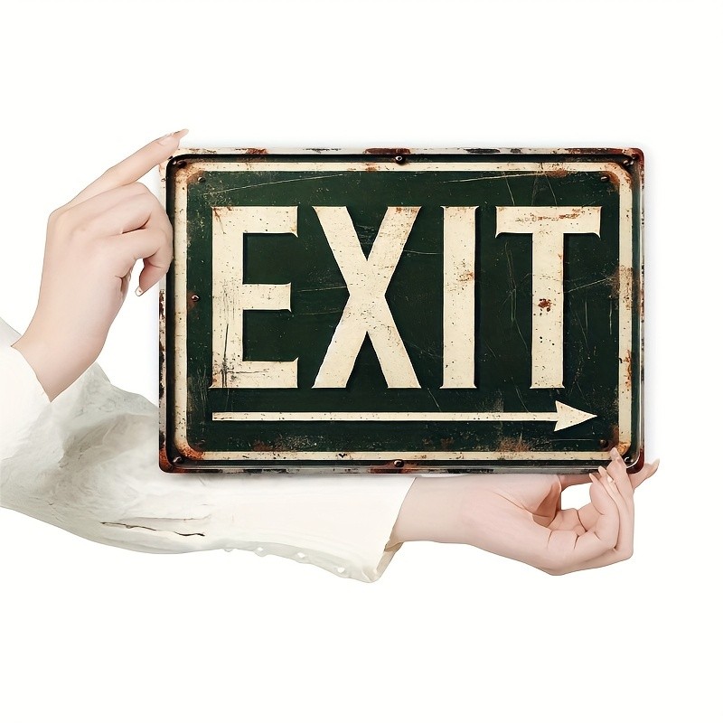 Vintage Metal Sign “Exit”, Distressed Green Paint with White Arrow, Wall Decor