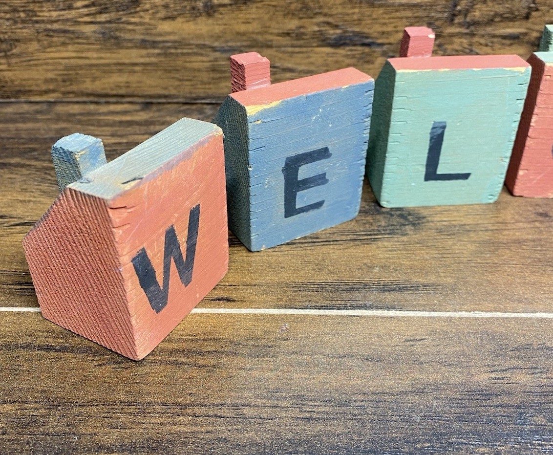 Primitive Wooden WELCOME Block Set House Village Shelf Sitter Folk Art Decor