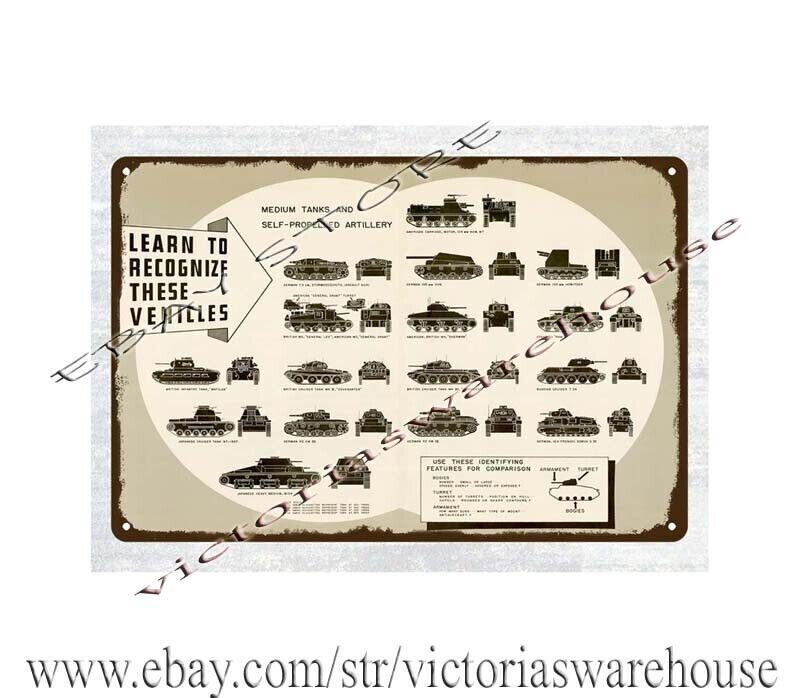 1943 recognize vehicles medium tanks self-propelled artillery ww2 metal tin sign