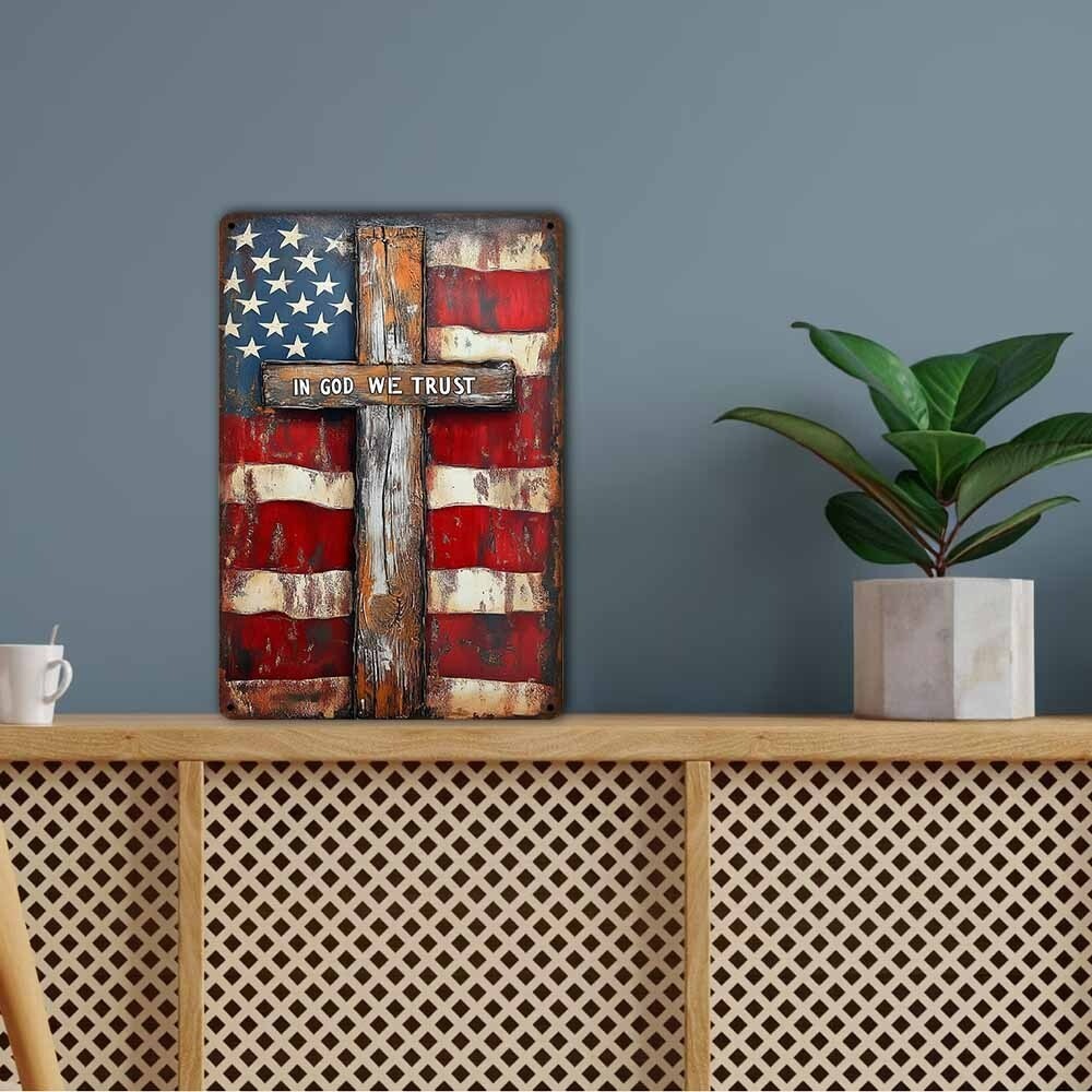 TIN SIGN American Flag with Cross Patriotic Sign Rustic Distressed Metal Decor