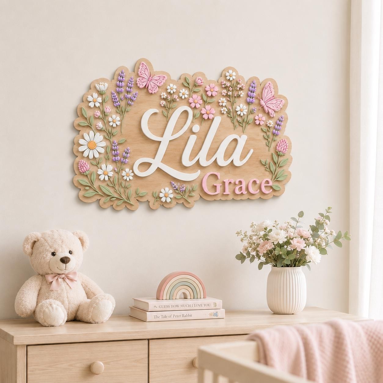 Personalized 3D Wood Name Sign, Floral Butterfly Nursery Decor, Boho Baby Girl