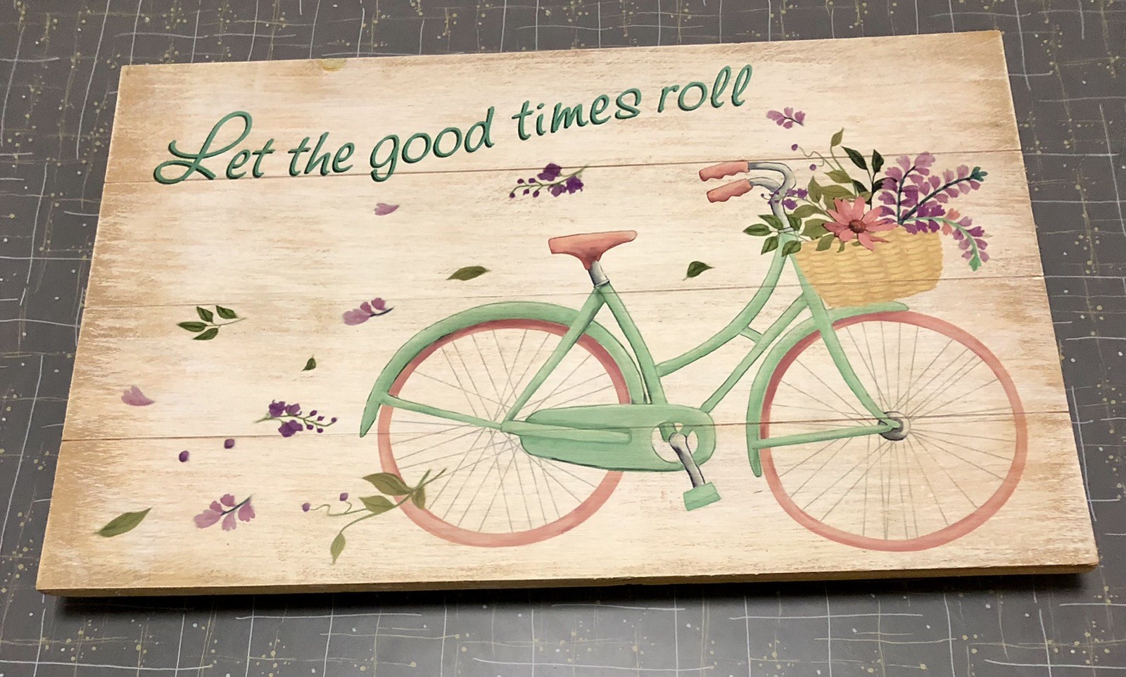 Home Wooden Wall Hanging Picture Green Bicycle 17×11 Let The Good Times Roll