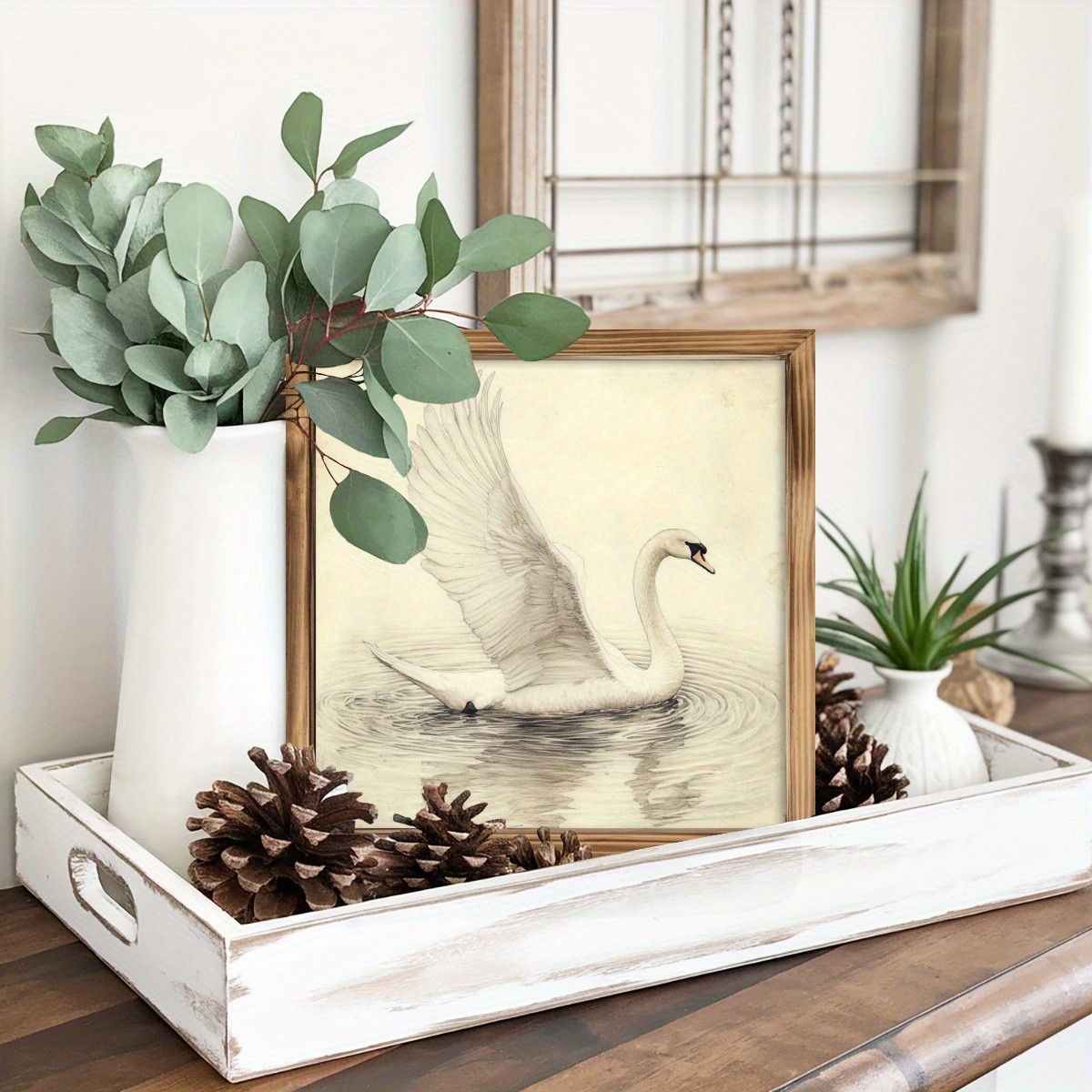 Vintage White Swan Wooden Framed Wall Art Decor Vintage Farmhouse Plaques Sign