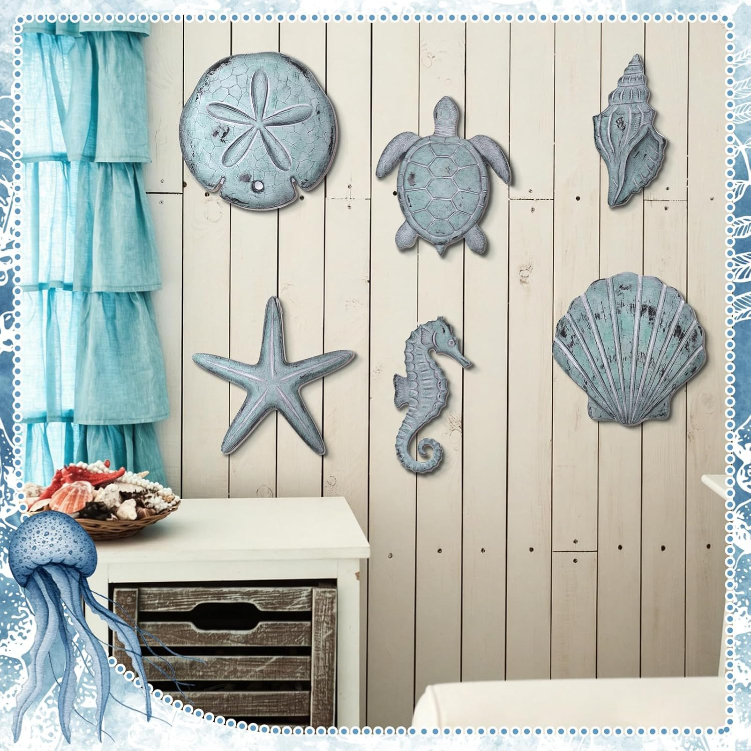 6 Pcs Beach Wall Decor Summer Coastal Ocean Wall Art Vintage Seashell Starfish N