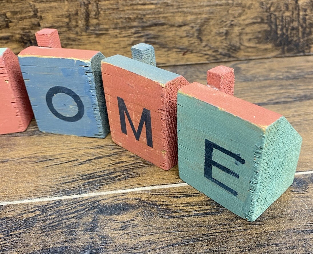 Primitive Wooden WELCOME Block Set House Village Shelf Sitter Folk Art Decor