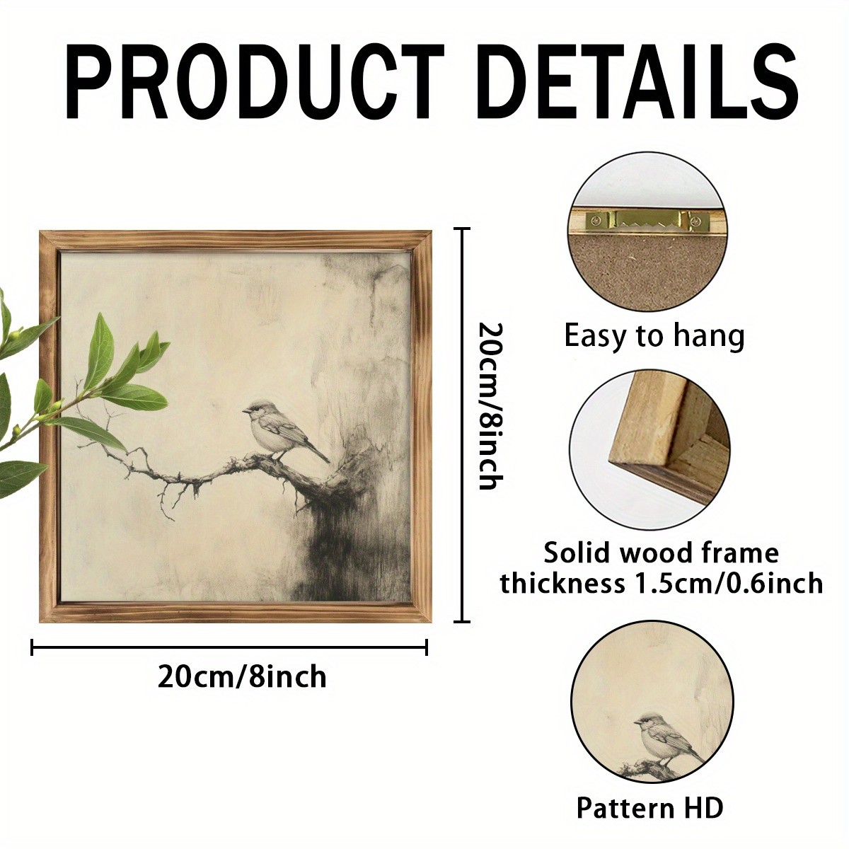 Vintage Bird Sketch Framed Art Retro Woodland Animal Wall Decor for Home Bedroom
