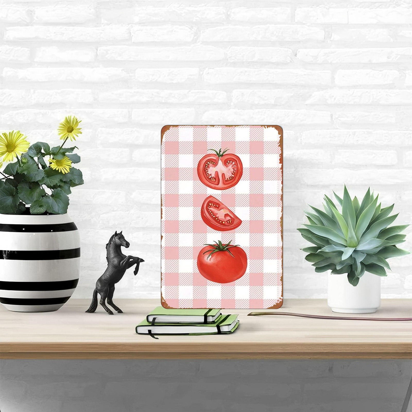 20.32×30.48 cm Metal Sign Tomato Pink Checkered Rustic Decor