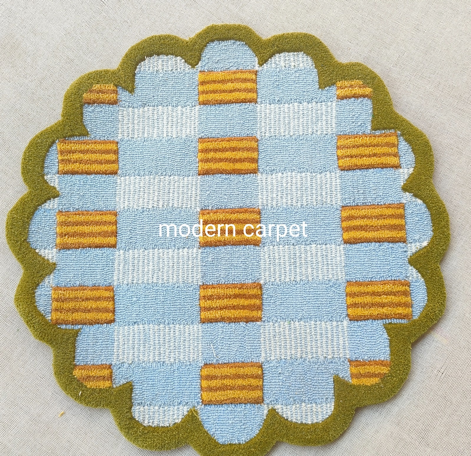 Handmade Wool Tufted Rug Mustard Blue | Modern Geometric Carpet Cozy Home Decors