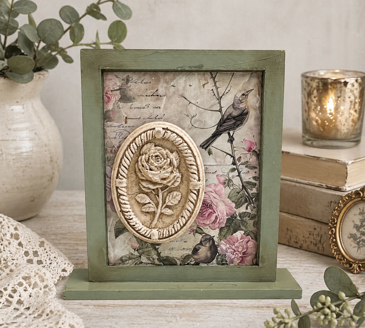 Vintage Bird Rose Shelf Sitter Sage Green Farmhouse Cottage Decor 6×6