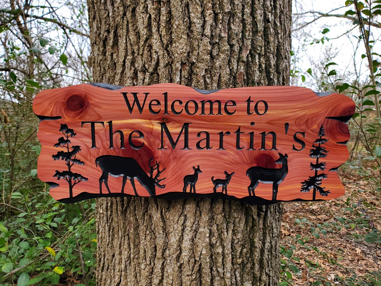 Custom Outside Family Sign Carved Wood Hanging Rustic Plaque Deer Nature Scene