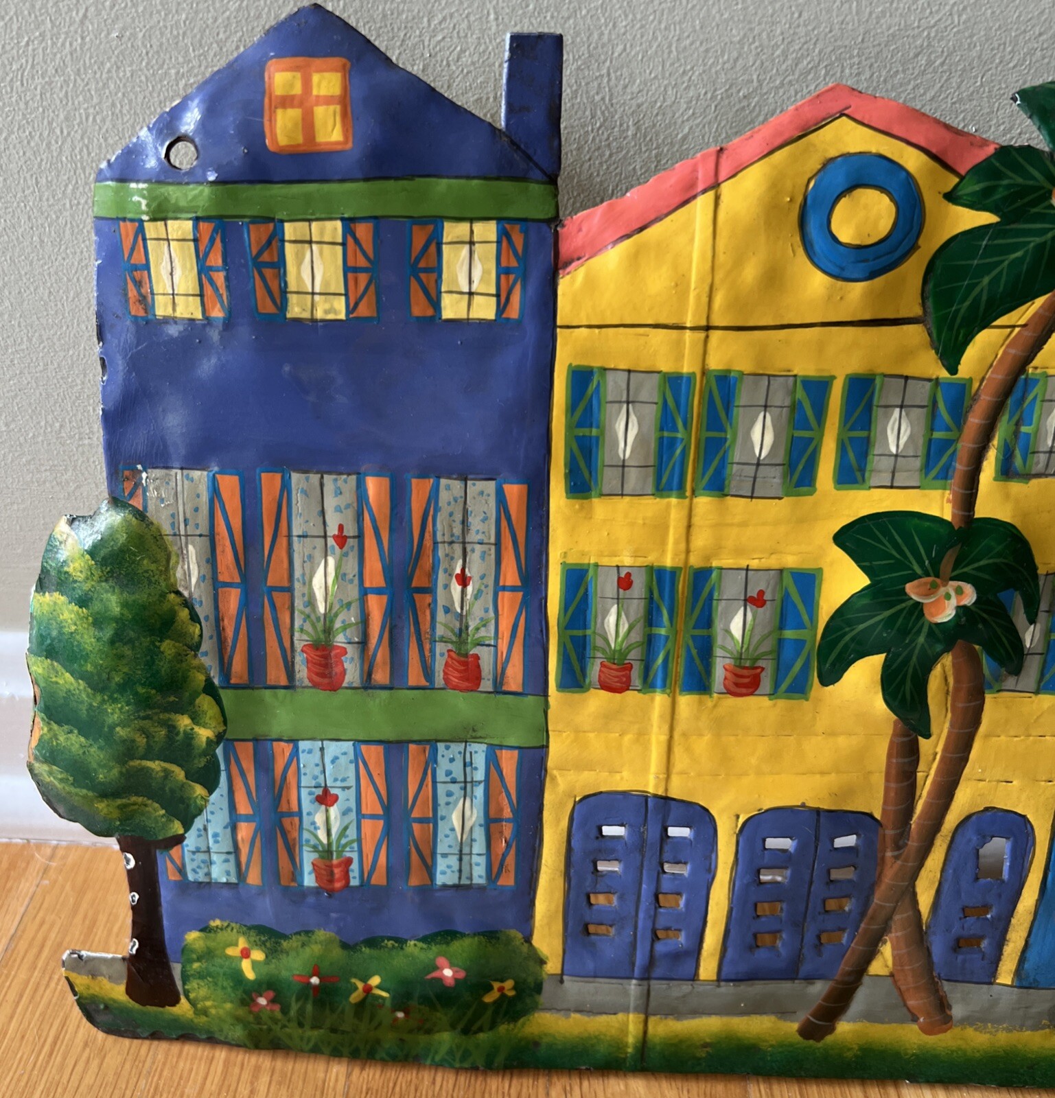 Row Houses Metal hand painted row of houses wall hanging fontaine 12 x 21 1/2