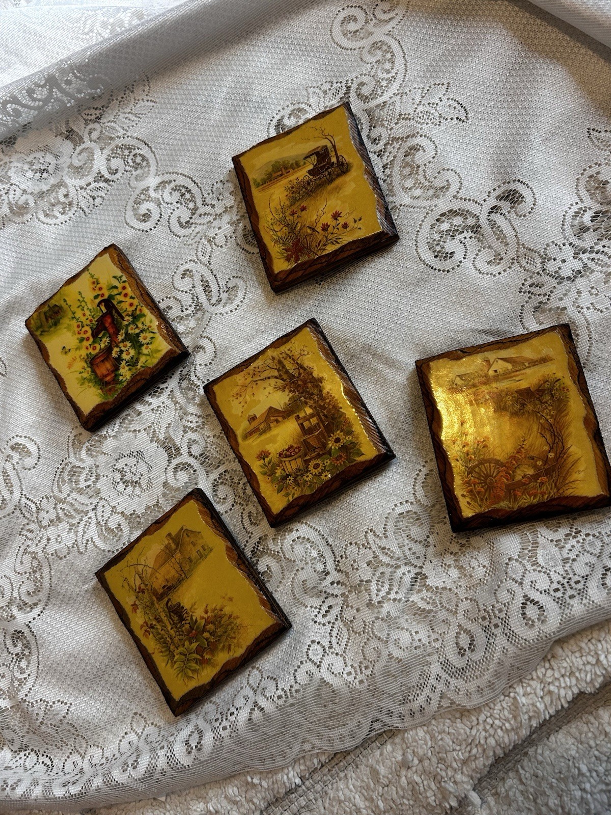 Set of 5 Wood Farmhouse Floral Wall Plaques, Decorative, Rectangle, 4 in x 3 in