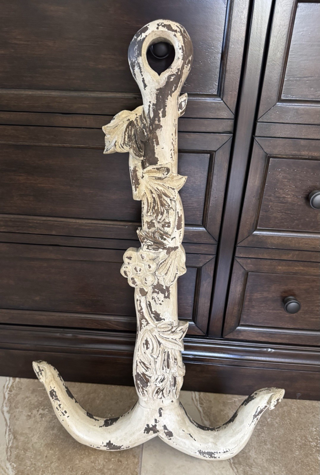 Pottery Barn ~ CARVED WHITE WOODEN ANCHOR ~ COASTAL HOME WALL SIGN SEA GRAPE