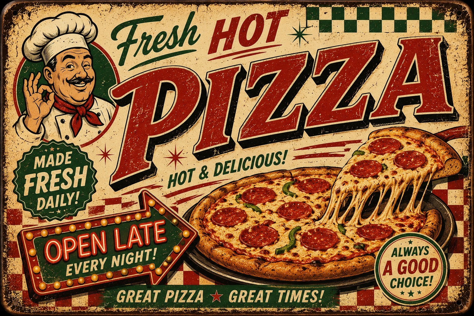 Fresh Hot Pizza Retro Metal Sign Vintage Pizzeria Wall Decor 8×12