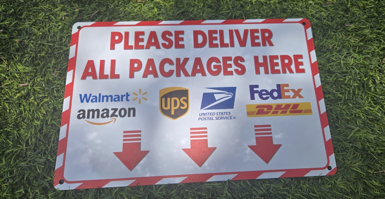 Please Deliver All Packages Here Metal Wall Sign, Rectangle, White/Red, Hanging