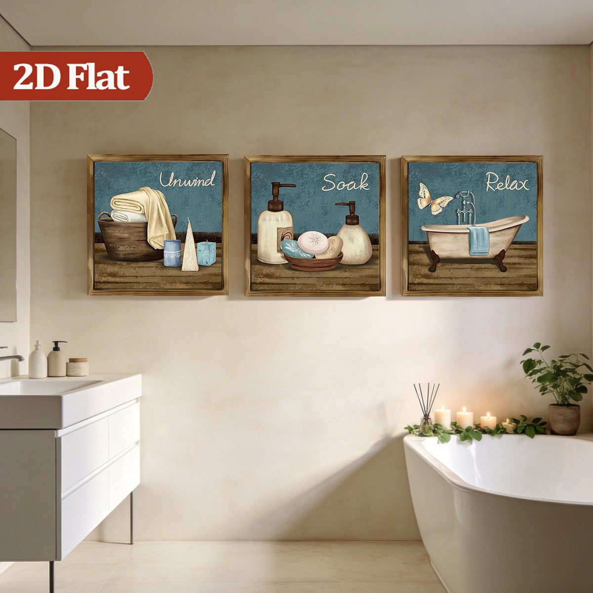 3Pcs Rustic “Relax Unwind Soak” Framed Wall Art Wooden Farmhouse Bathroom Decor
