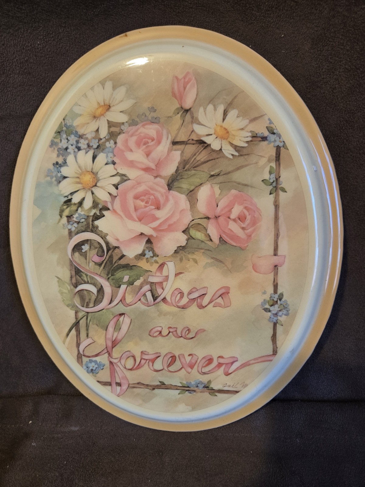 RETRO “SISTERS ARE FOREVER” OVAL GLOSSY PEACH ROSES WALL PLAQUE HANGING 11.5″