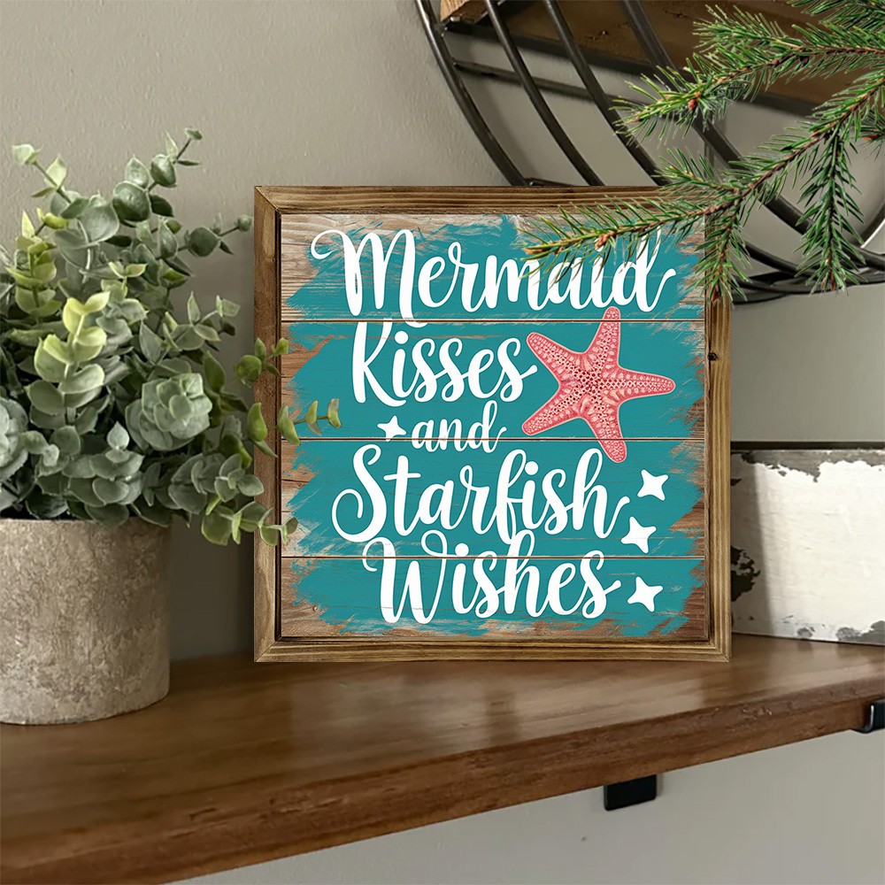 2D Coastal “Mermaid Kisses & Starfish Wishes” Wooden Wall Sign Beach House Decor