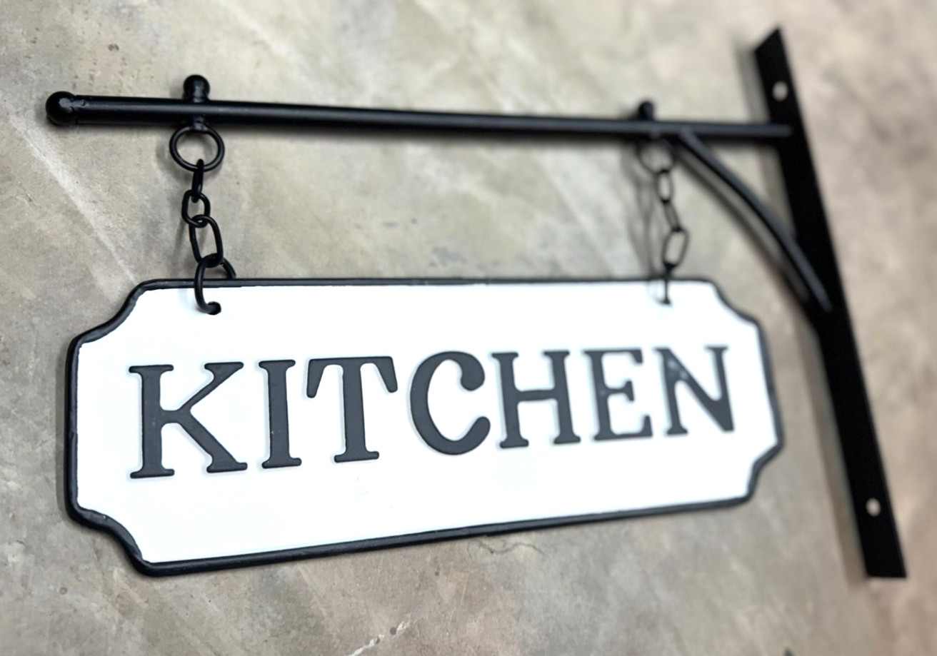 Black White Farmhouse DOUBLE SIDE Enamel Metal KITCHEN SIGN Wall Hanging Bracket