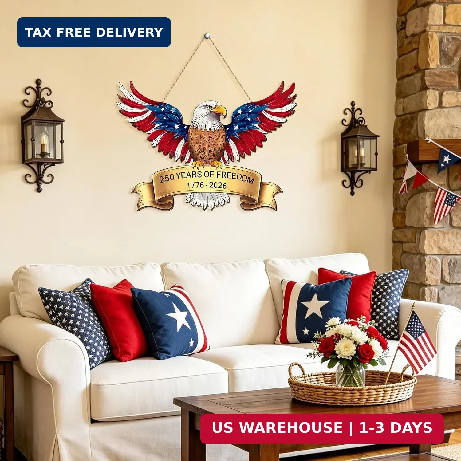 250th Anniversary 4th of July Door Sign, American Eagle 1776-2026 Wreath Patriot