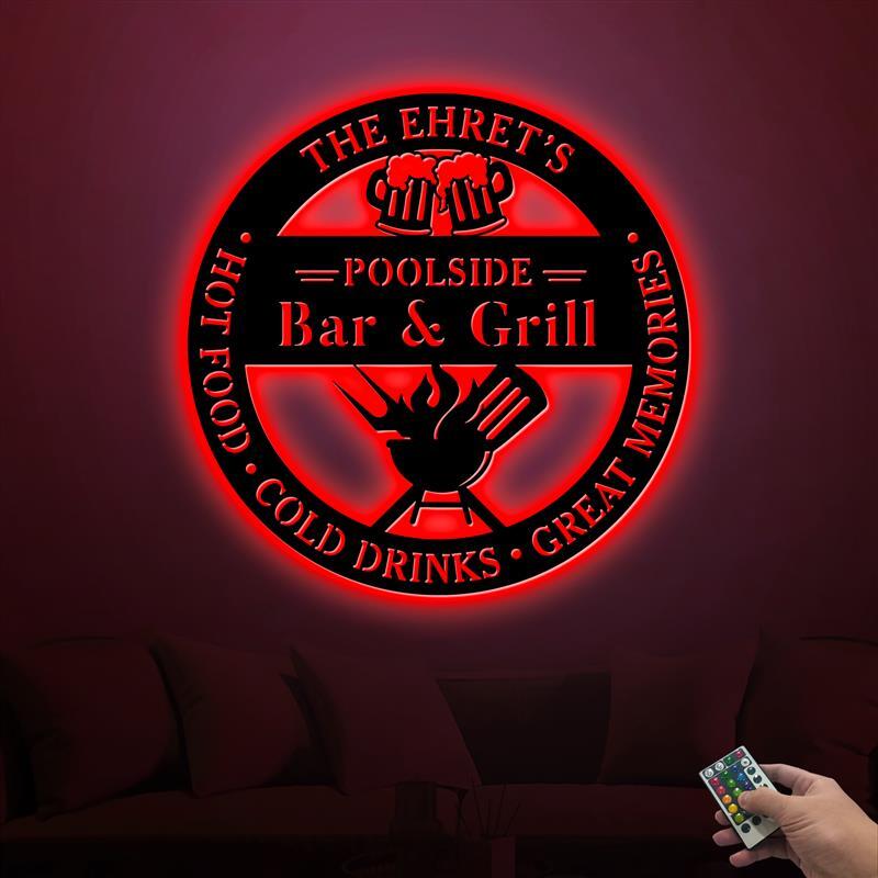 Poolside Bar and Grill Metal Wall Art With Led Lights, Poolside and Bar, Bar BBQ