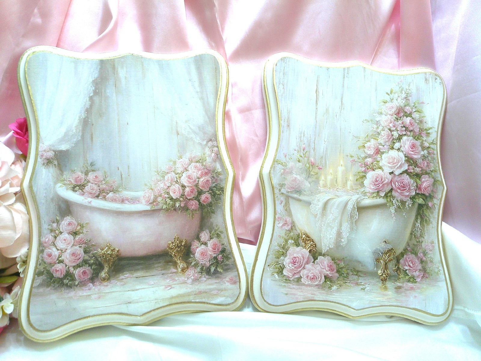 Shabby Chic Victorian~White Clawfoot Tub Image w/Pink Roses~Wooden Plaque~OOAK