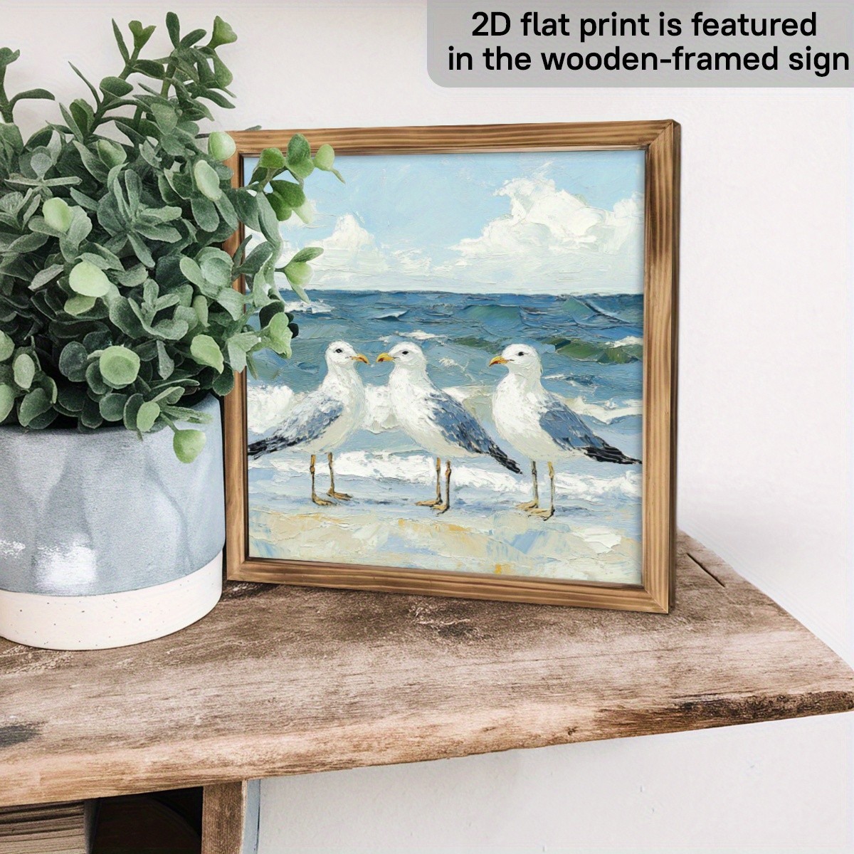 Seagulls Coastal Wooden Print Wall Art Framed Beach Theme Decor for Home & Patio