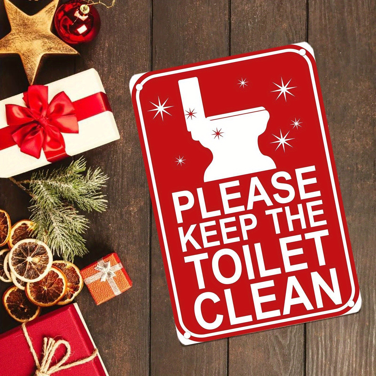 Vintage Metal Bathroom Wall Sign Red White Retro Tin