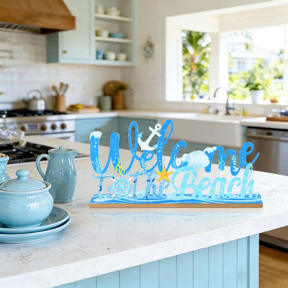 Coastal Beach Decor, Wood Metal Welcome to the Beach Sign for Table Decor, Farmh