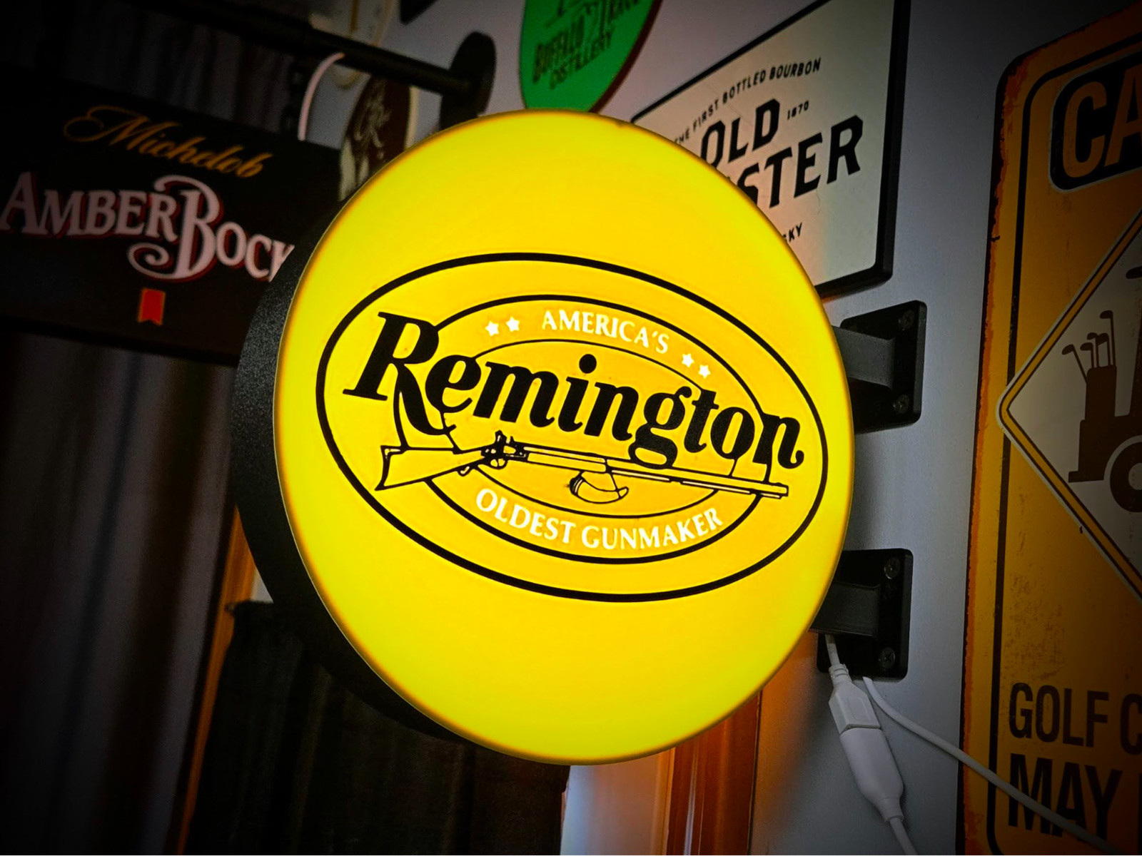 Remington LED Lightbox Sign 3D Printed Round Wall Mount Man Cave Garage Decor