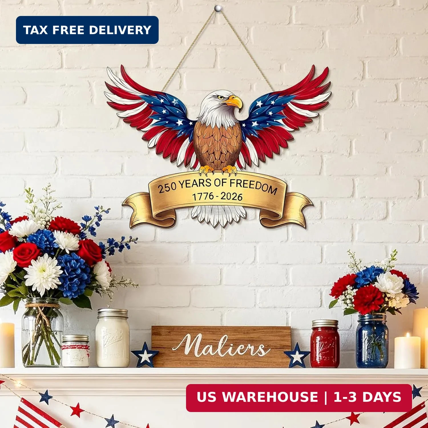 250th Anniversary 4th of July Door Sign, American Eagle 1776-2026 Wreath Patriot