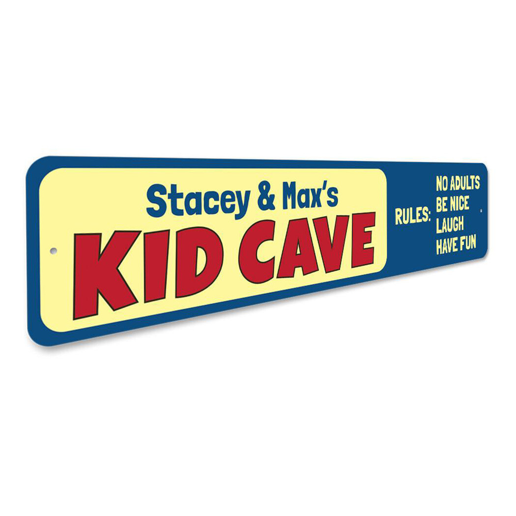Kid Cave Rules Sign, Custom Kid Name Playroom Sign, No Adults Be – Aluminum