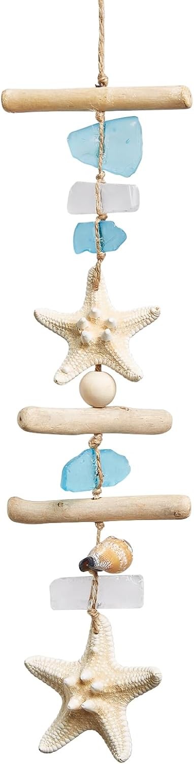 Sea Glass Wooden Nautical Wall Decor, Coastal Starfish Bathroom Decor Sea