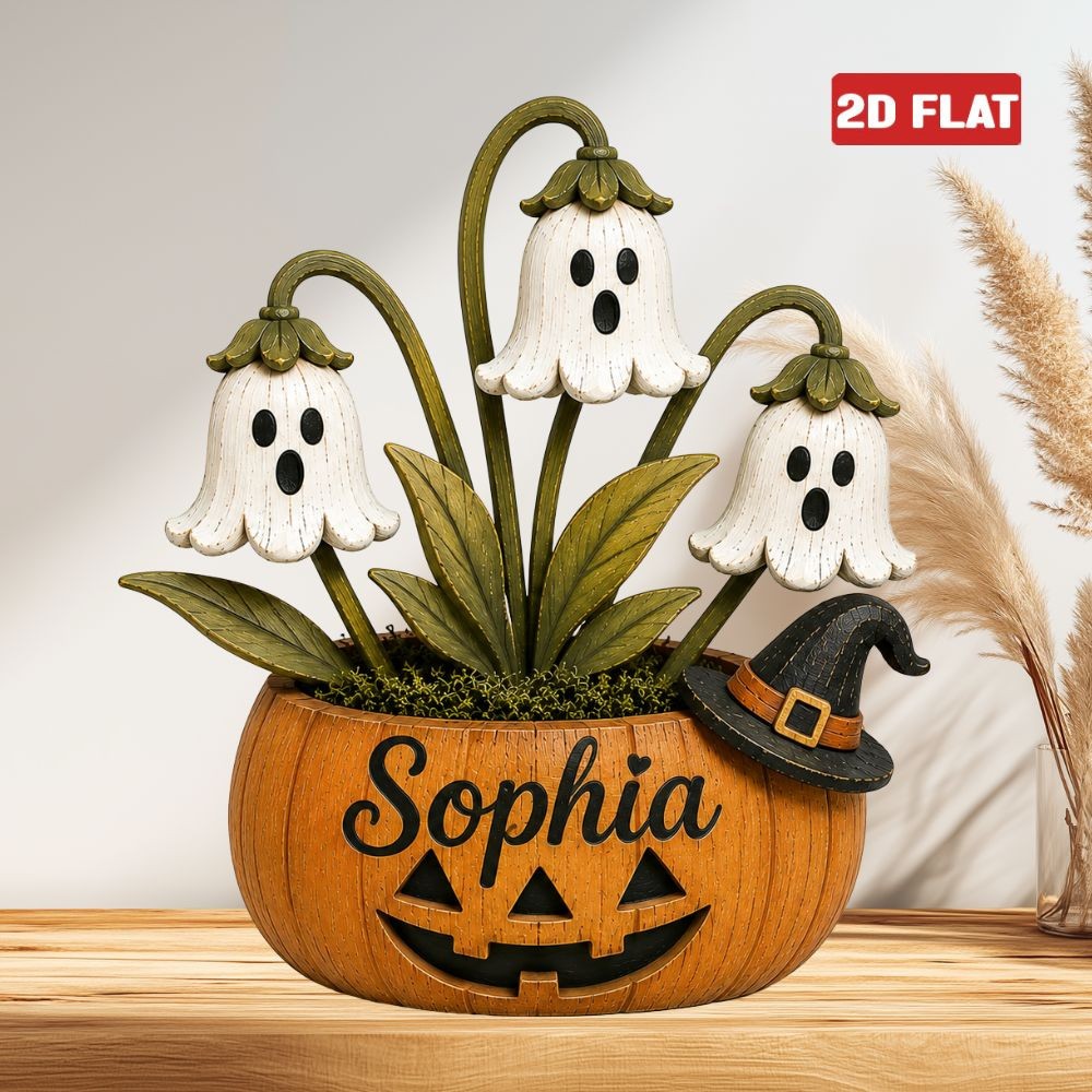 Custom Halloween Pumpkin Skull 2D FLAT Wood Block Spooky Ghost Pumpkin Decor