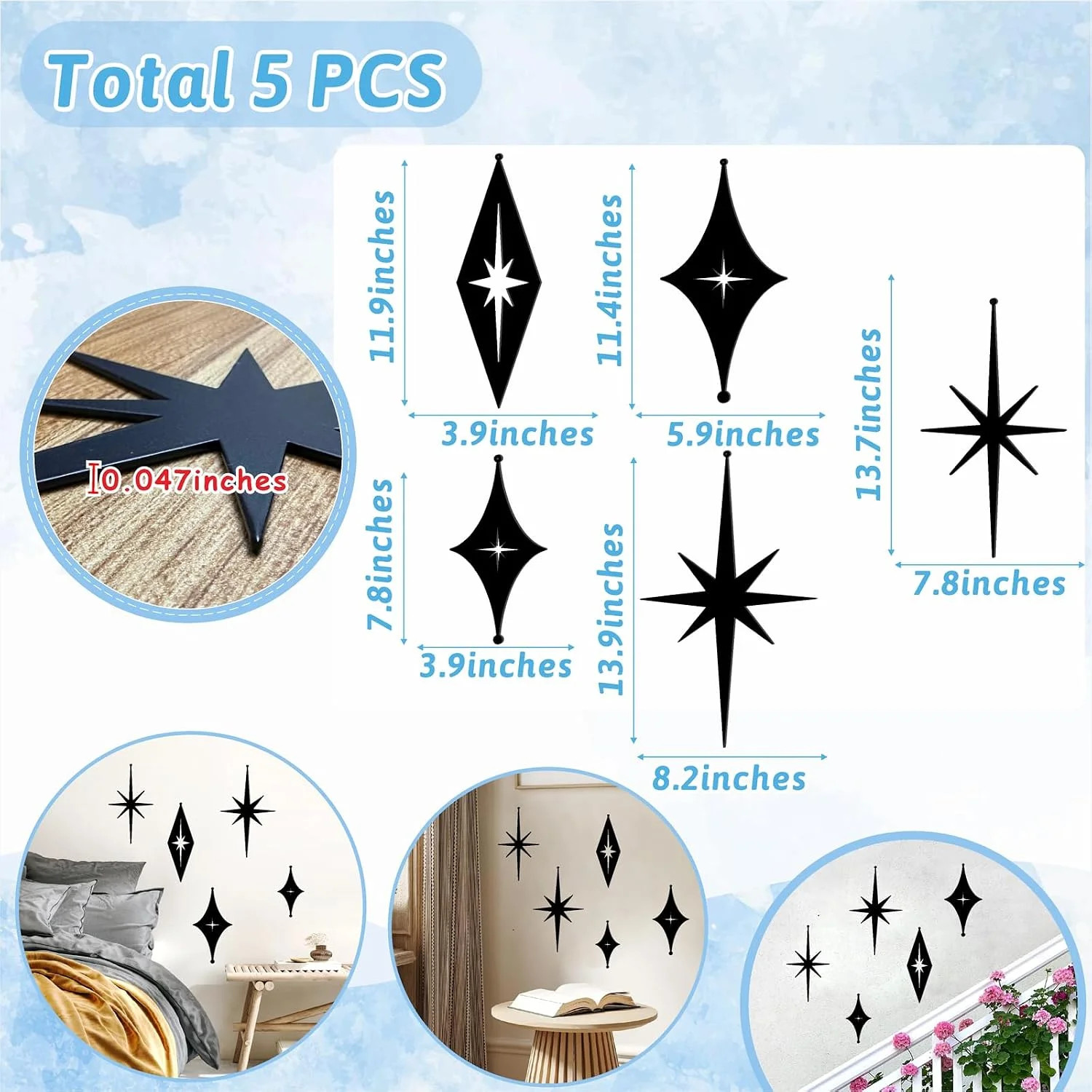 5 Pcs Iron Star Wall Decor Black Starburst Metal Wall Art Mid Century Modern Wal
